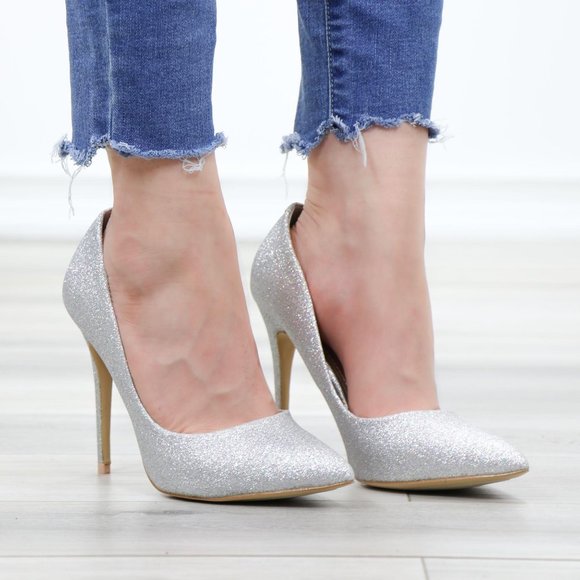 Pointed Silver Glitter Shimmery Dressy Party High Heels - Picture 2 of 15